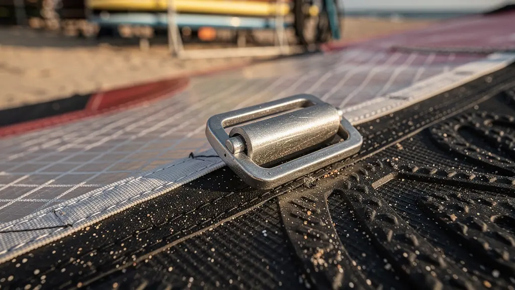 Zone de stockage organisée pour matériel de kitesurf sur une plage
