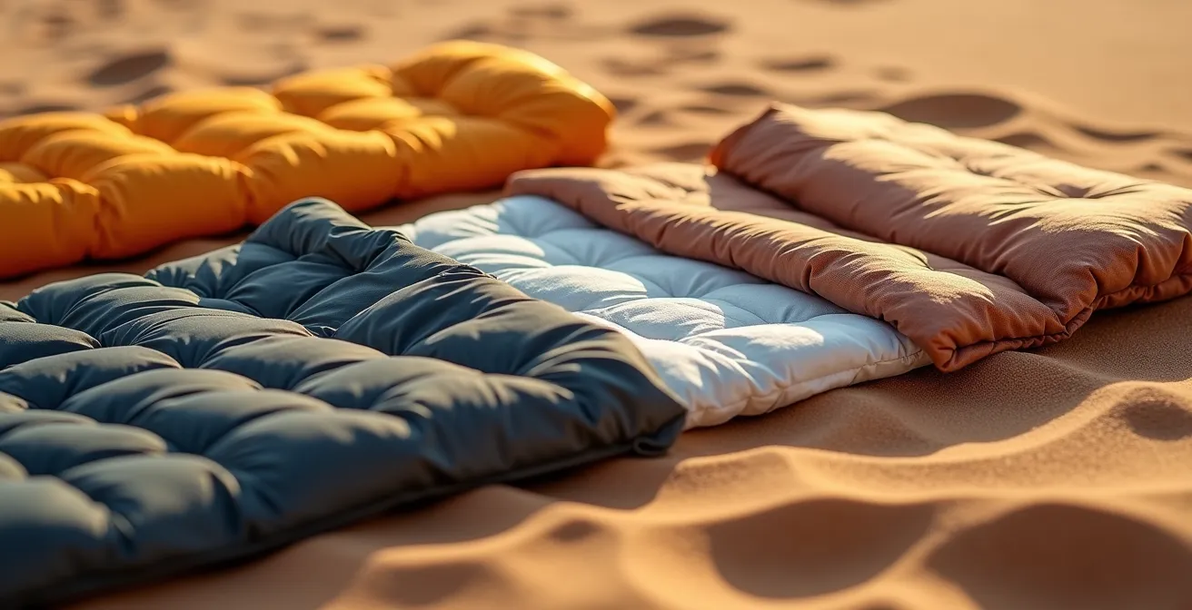 Matériel de couchage technique disposé sur le sable du désert avec matelas, sac de couchage et équipement thermique