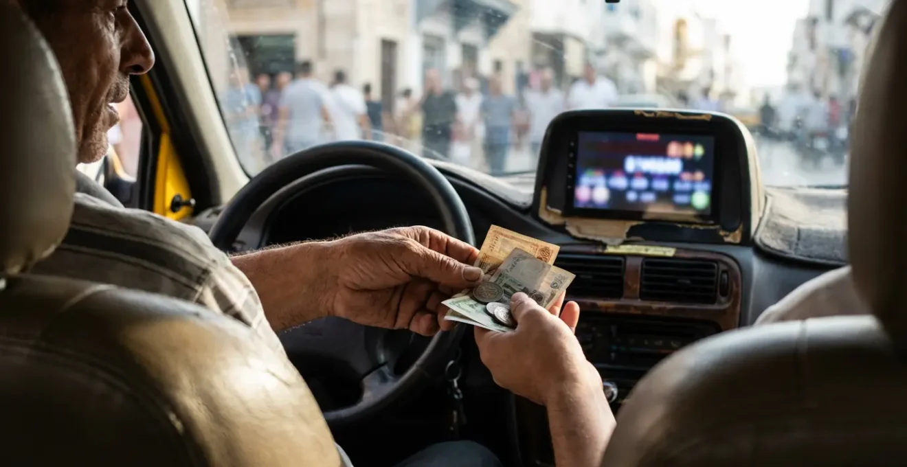 Taxi jaune de Tunis avec compteur visible et main tendant de la monnaie au chauffeur