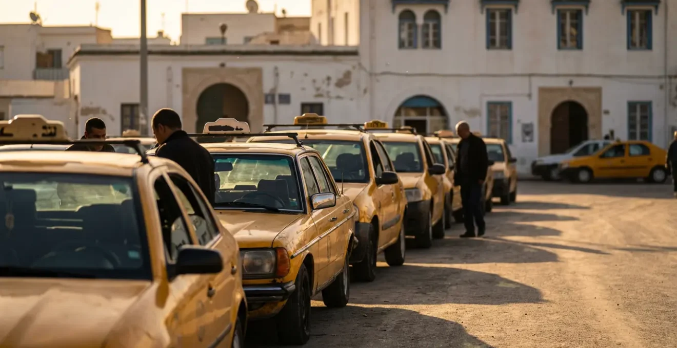 Taxis jaunes tunisiens alignés dans une station de taxi à Tunis