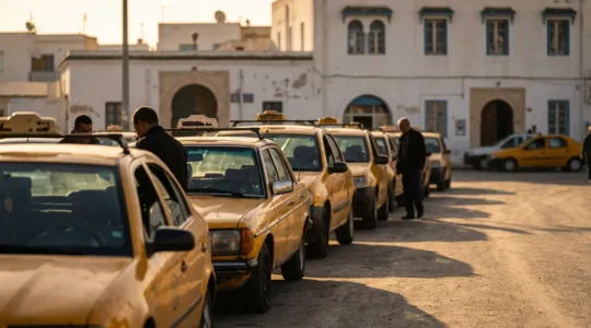 Taxis jaunes tunisiens alignés dans une station de taxi à Tunis