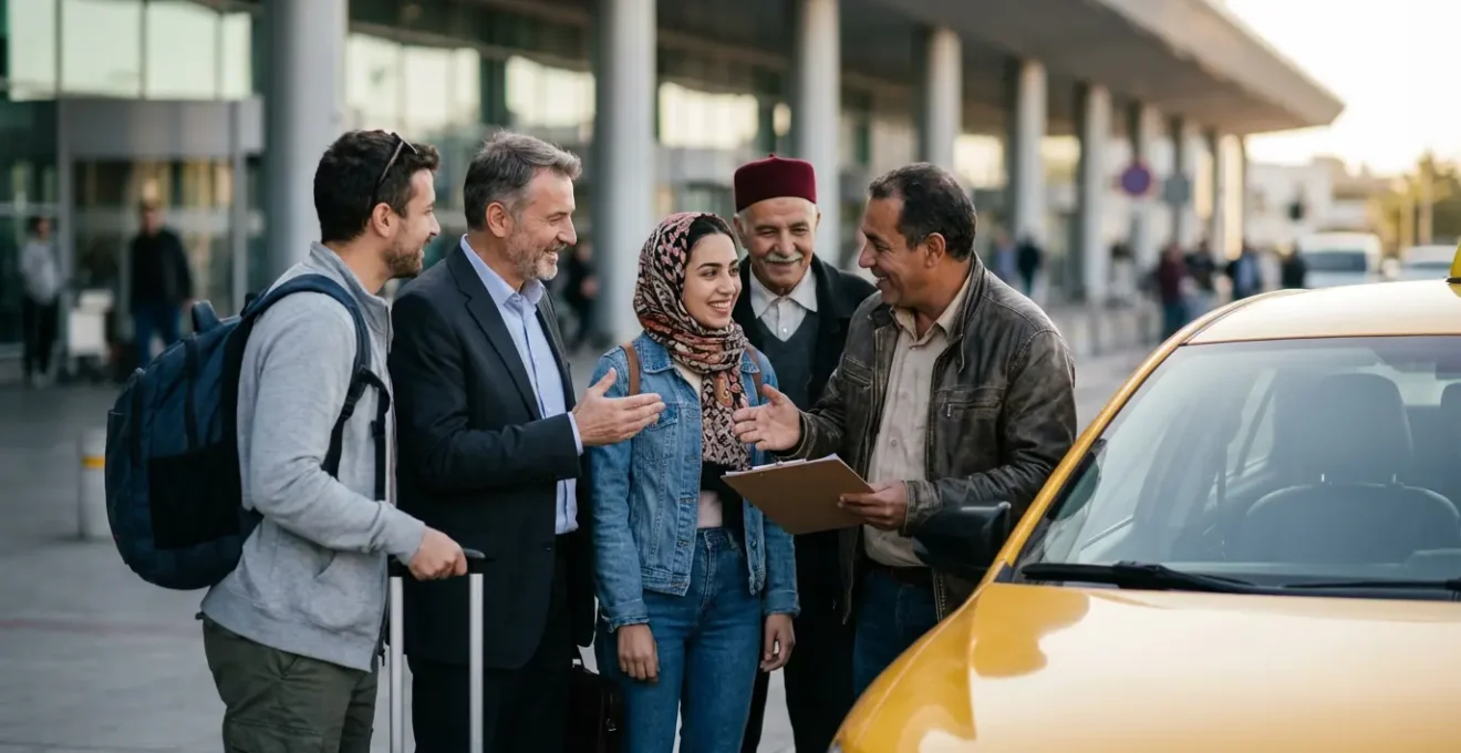 Vue aérienne de taxis alignés à l'aéroport de Tunis avec des voyageurs négociant en groupe