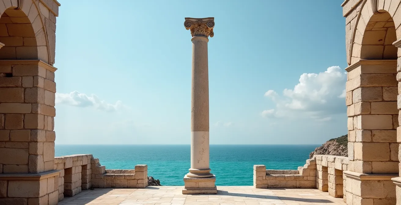 Colonnes monumentales des Thermes d'Antonin à Carthage avec vue sur la mer Méditerranée