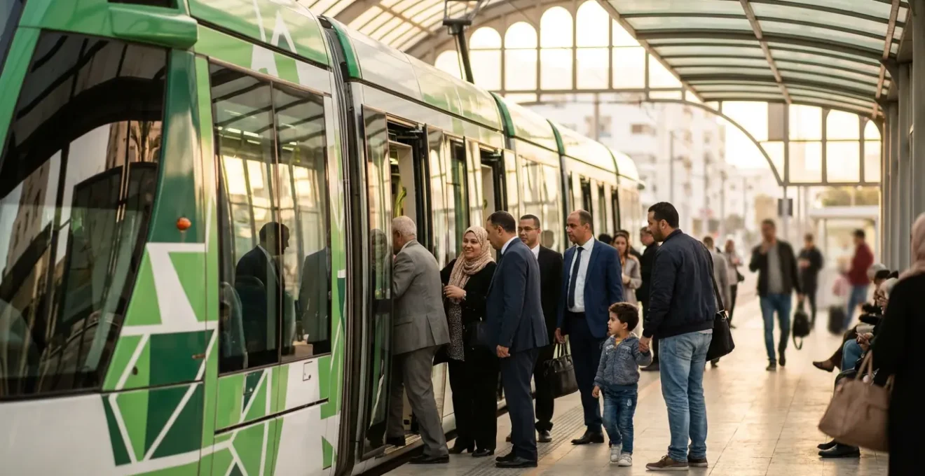 Tramway vert moderne de Tunis en station avec passagers