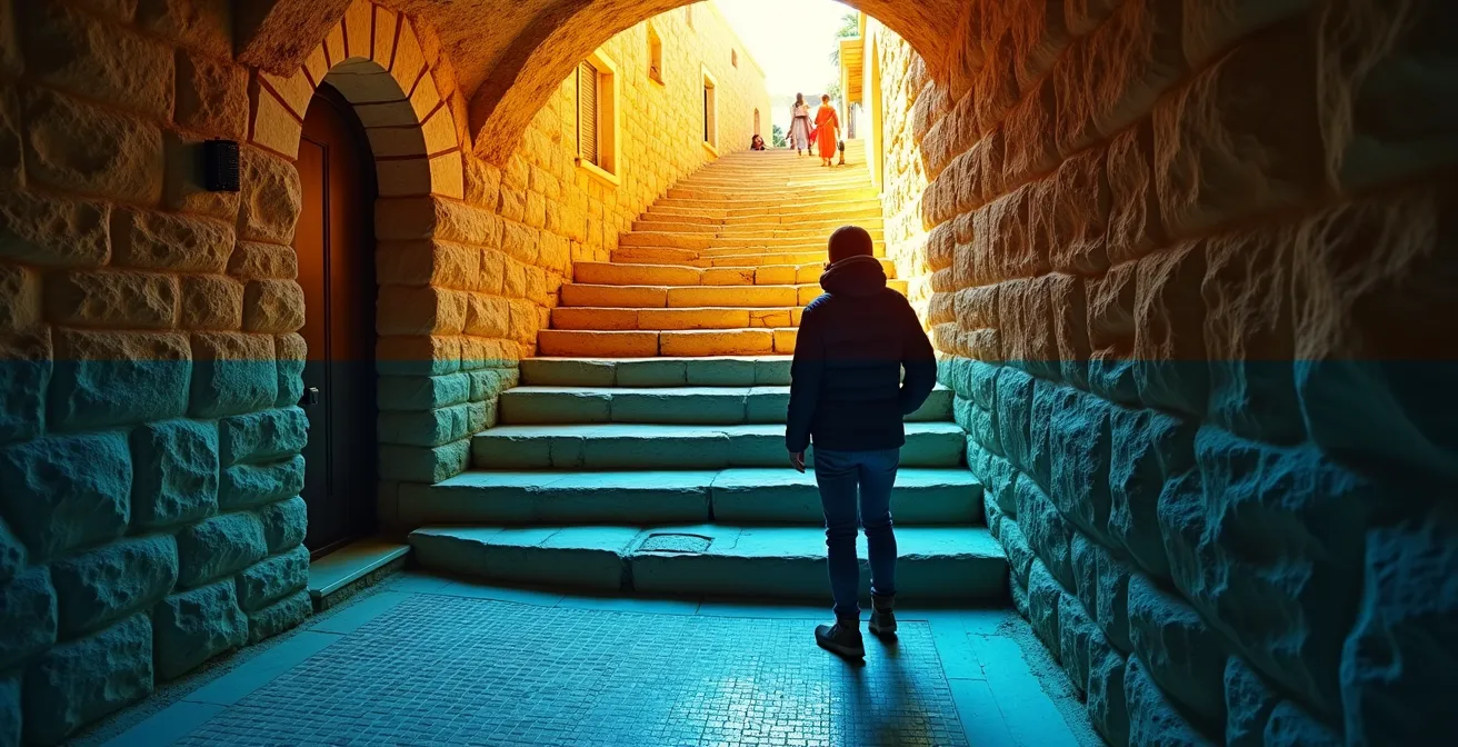 Visiteurs descendant dans les villas souterraines fraîches de Bulla Regia