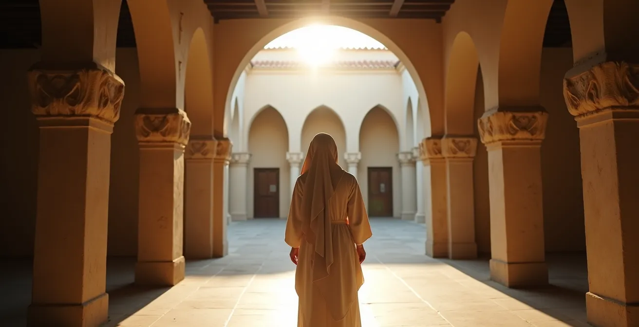Visiteur en tenue respectueuse contemplant l'architecture de la mosquée de Kairouan
