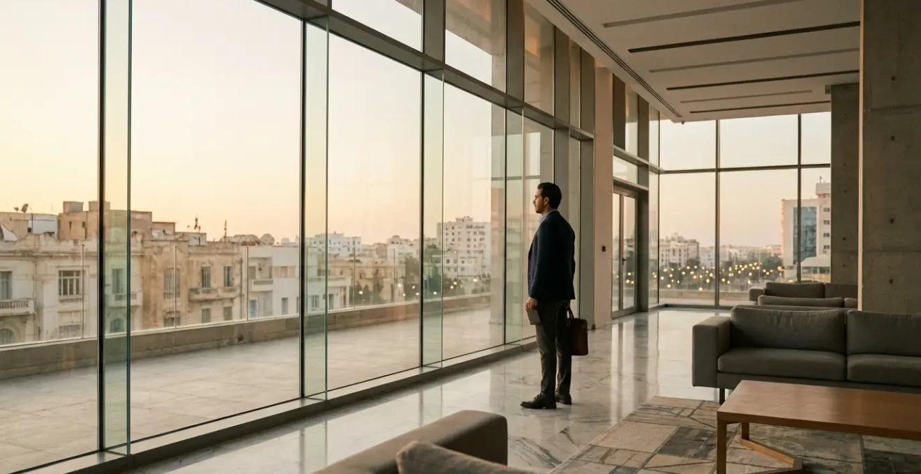 Voyageur d'affaires dans un hall d'hôtel moderne à Tunis avec vue sur la ville