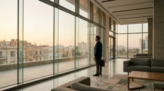 Voyageur d'affaires dans un hall d'hôtel moderne à Tunis avec vue sur la ville