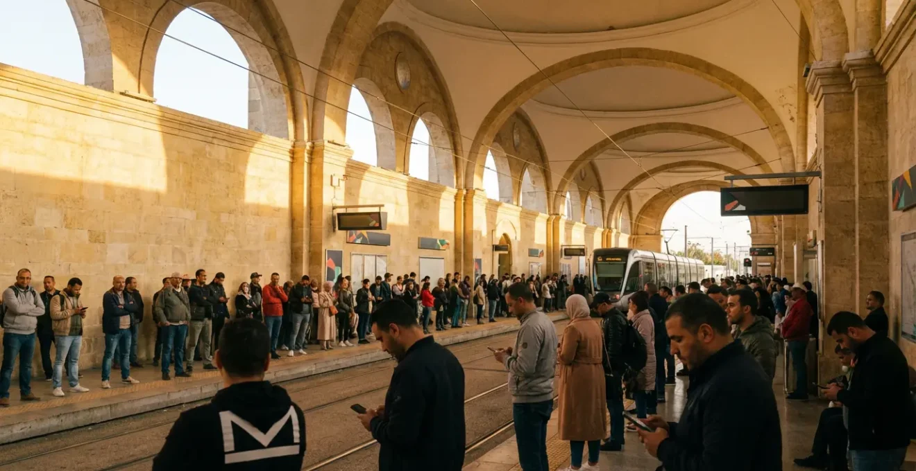 Passagers attendant sur le quai d'une station de métro à Tunis pendant les heures de pointe