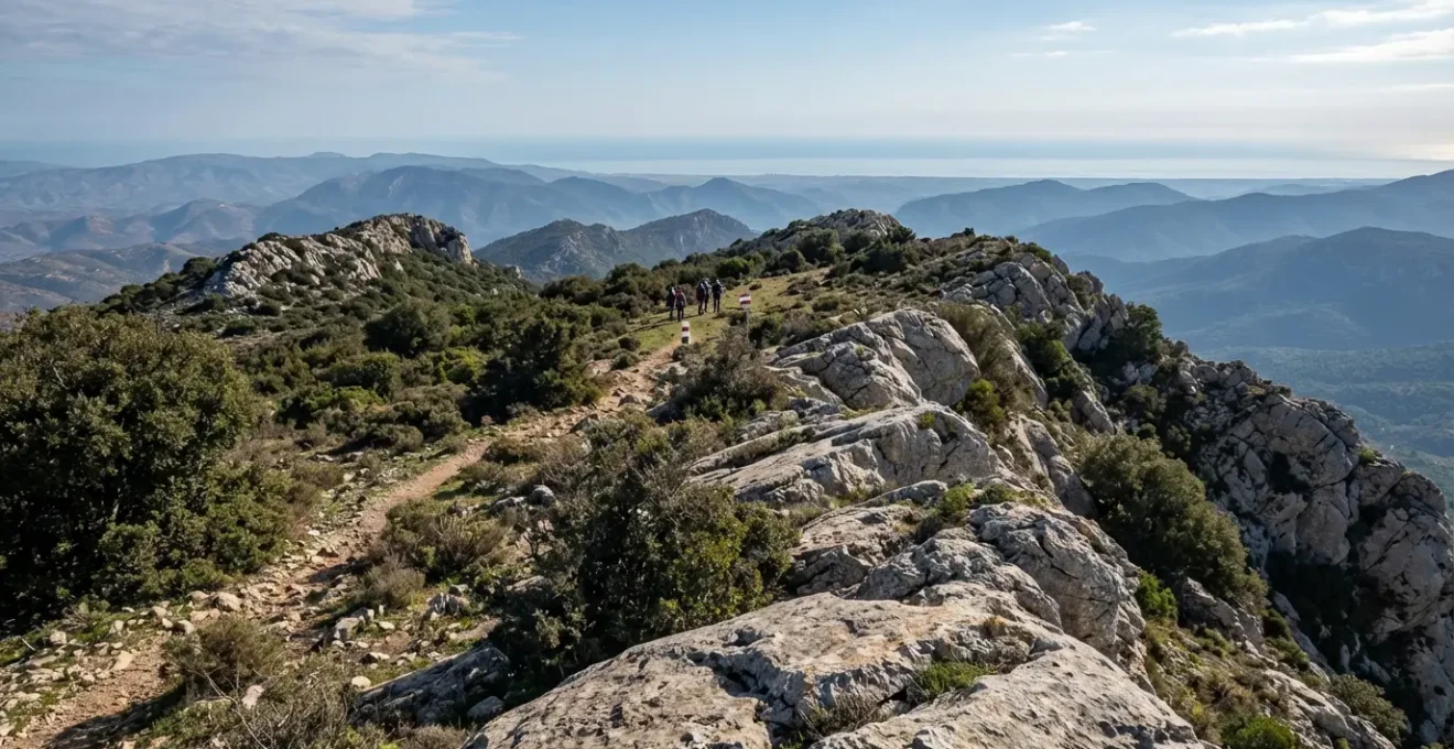 Vue panoramique depuis le sommet du Djebel Zaghouan avec la mer Méditerranée visible à l'horizon, montrant un environnement de randonnée sûr.