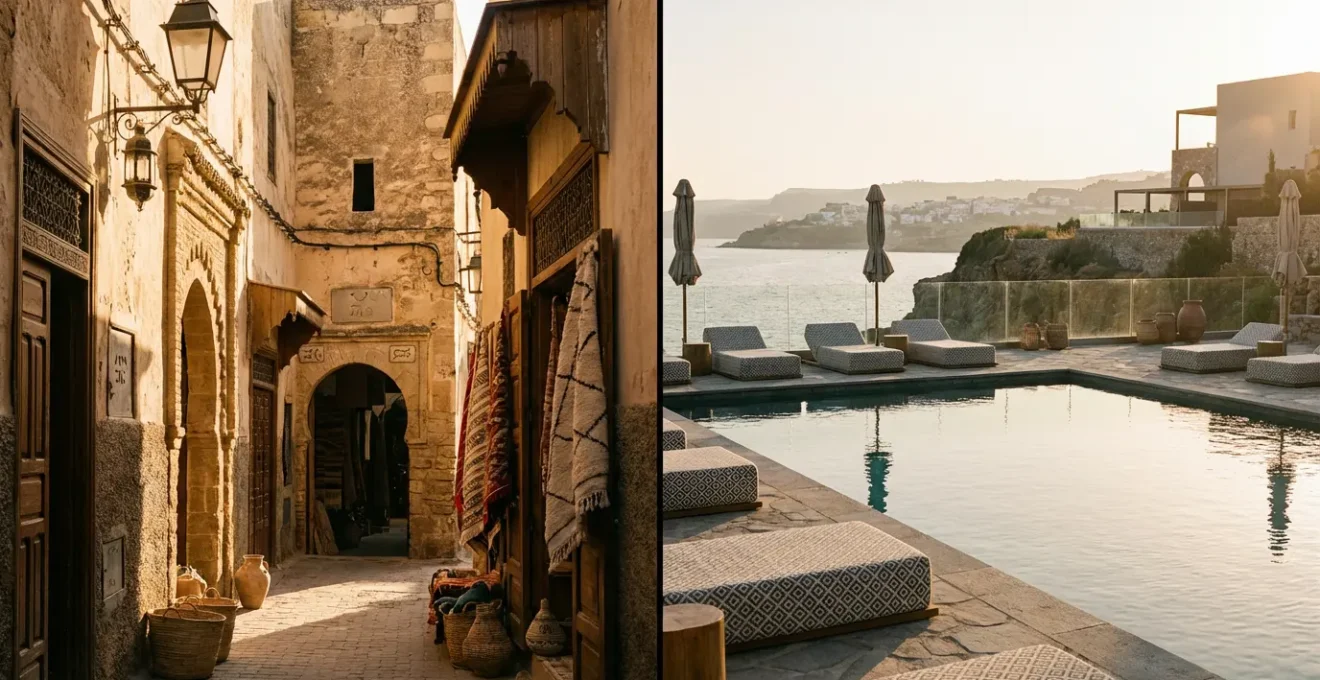 Contraste visuel entre une médina tunisienne animée et une station balnéaire moderne