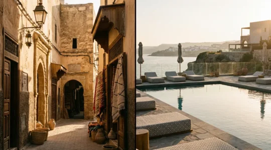 Contraste visuel entre une médina tunisienne animée et une station balnéaire moderne