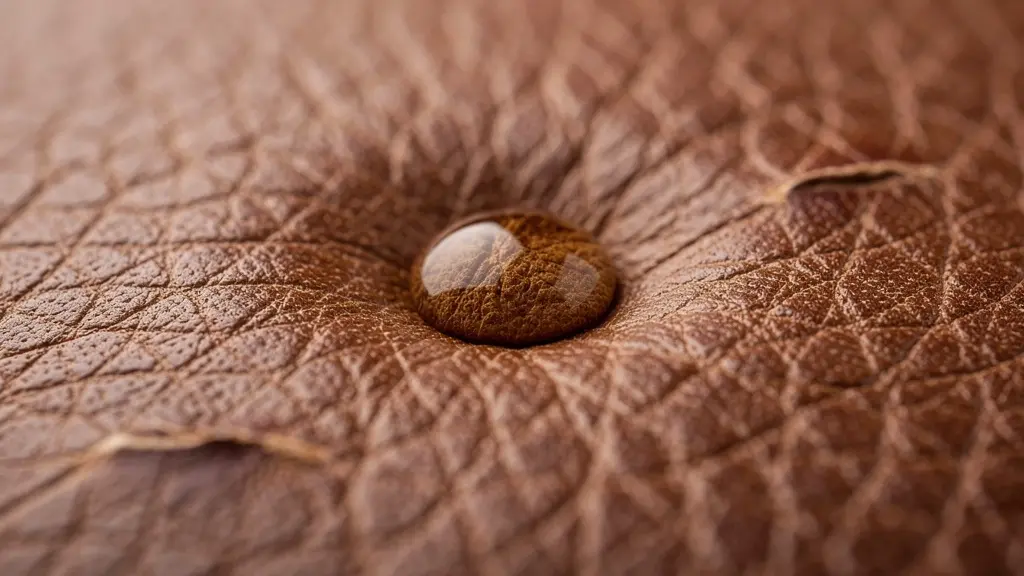 Goutte d'eau absorbée sur cuir véritable montrant la texture poreuse Goutte d'eau absorbée sur cuir véritable montrant la texture poreuse